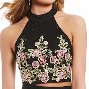 Jodi Kristopher Black Beaded Floral Appliqué Crop Top Halter Style